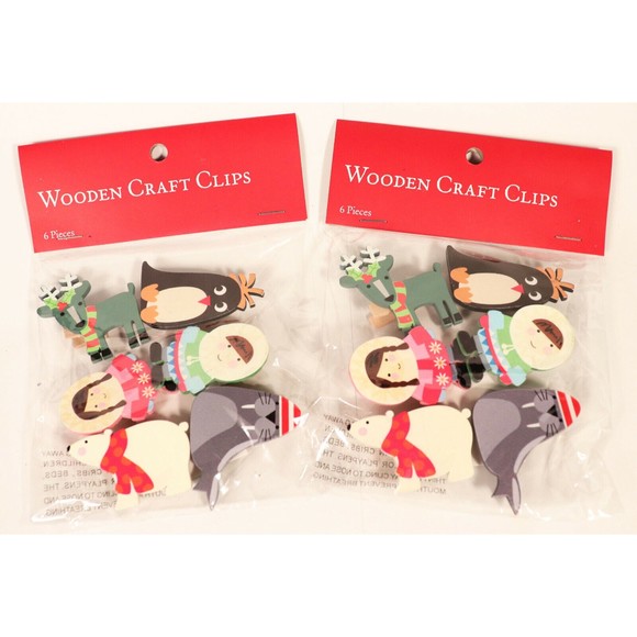 Lot of 2 World Market North Pole Wooden Craft Clips 6 pack Christmas Eskimo NEW - Picture 1 of 6